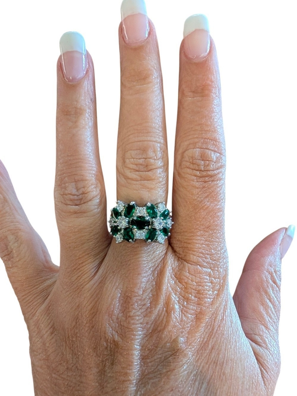 Emerald Cluster Fashion Statement Ring - Green and Silver